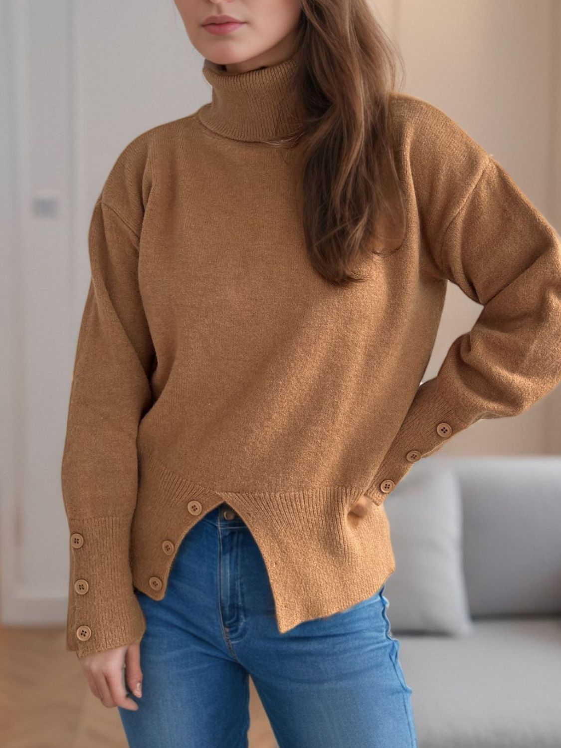 Blue Zone Planet | Front Slit Decorative Button Turtleneck Sweater-TOPS / DRESSES-[Adult]-[Female]-Caramel-One Size-2022 Online Blue Zone Planet