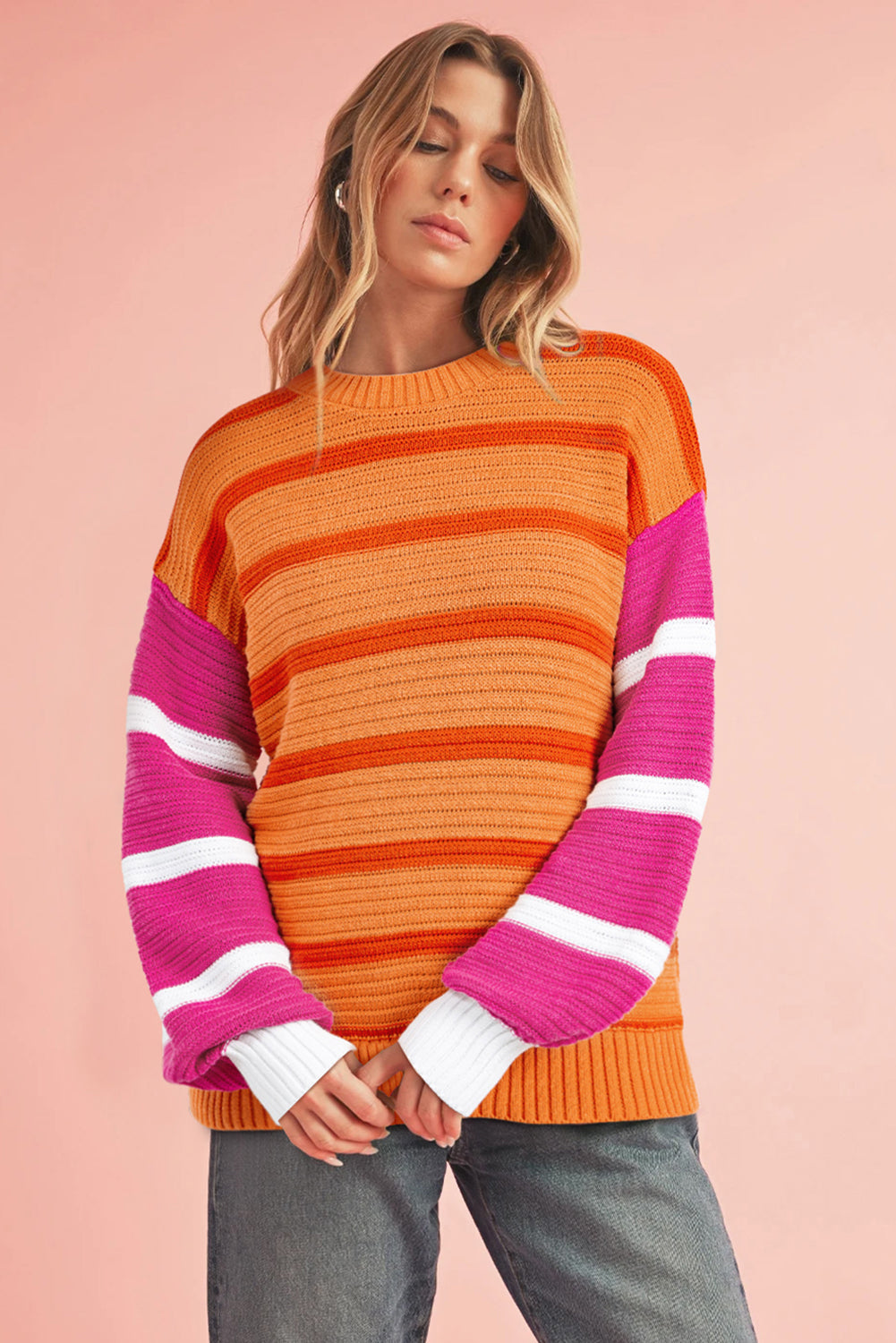 Striped Round Neck Long Sleeve Sweater-TOPS / DRESSES-[Adult]-[Female]-2022 Online Blue Zone Planet