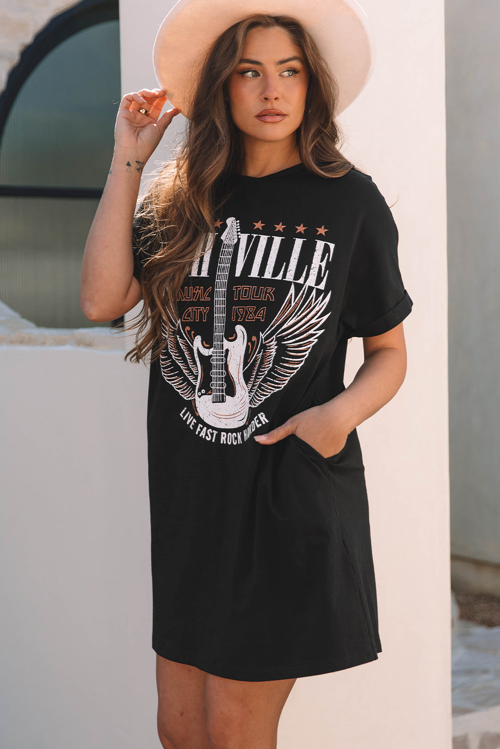 Black Nashville Guitar Print Crew Neck T Shirt Mini Dress-TOPS / DRESSES-[Adult]-[Female]-2022 Online Blue Zone Planet