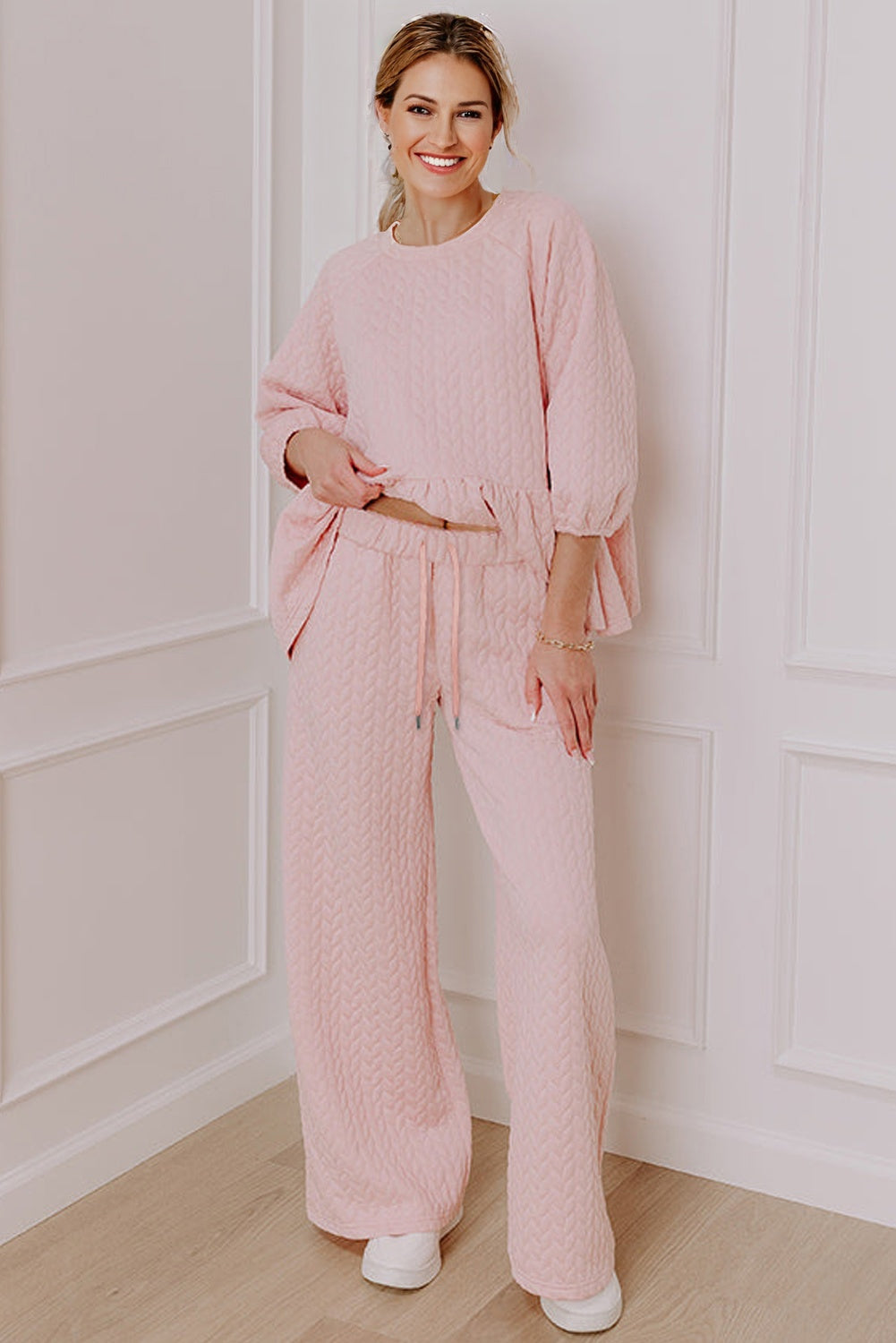 Delicacy Braided Texture Ruffle Hem Top Drawstring Loose Pants Set-Two Piece Sets/Pant Sets-[Adult]-[Female]-2022 Online Blue Zone Planet