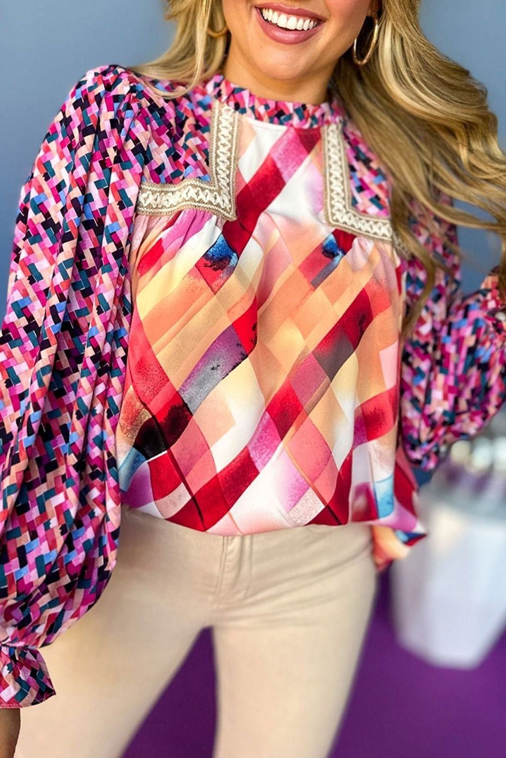 Blue Zone Planet | Rose Red Abstract Geometric Patchwork Puff Sleeve Blouse-Blouses-[Adult]-[Female]-Rose Red-S-2022 Online Blue Zone Planet