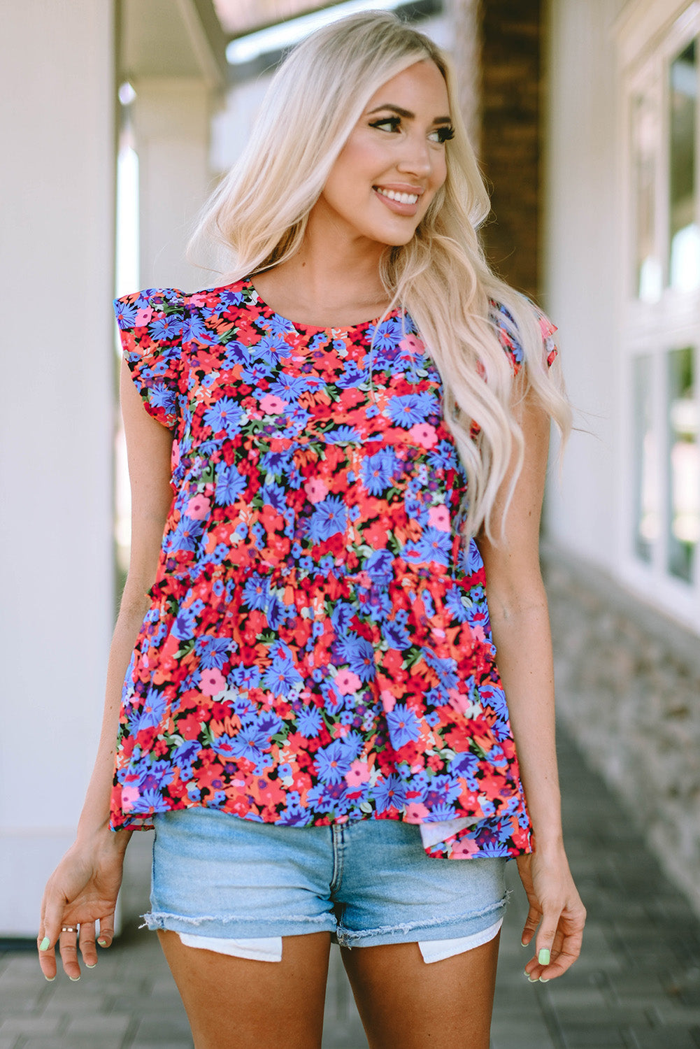 Multicolor Floral Print Ruffle Tiered Short Sleeve Babydoll Top-Tops/Blouses & Shirts-[Adult]-[Female]-2022 Online Blue Zone Planet