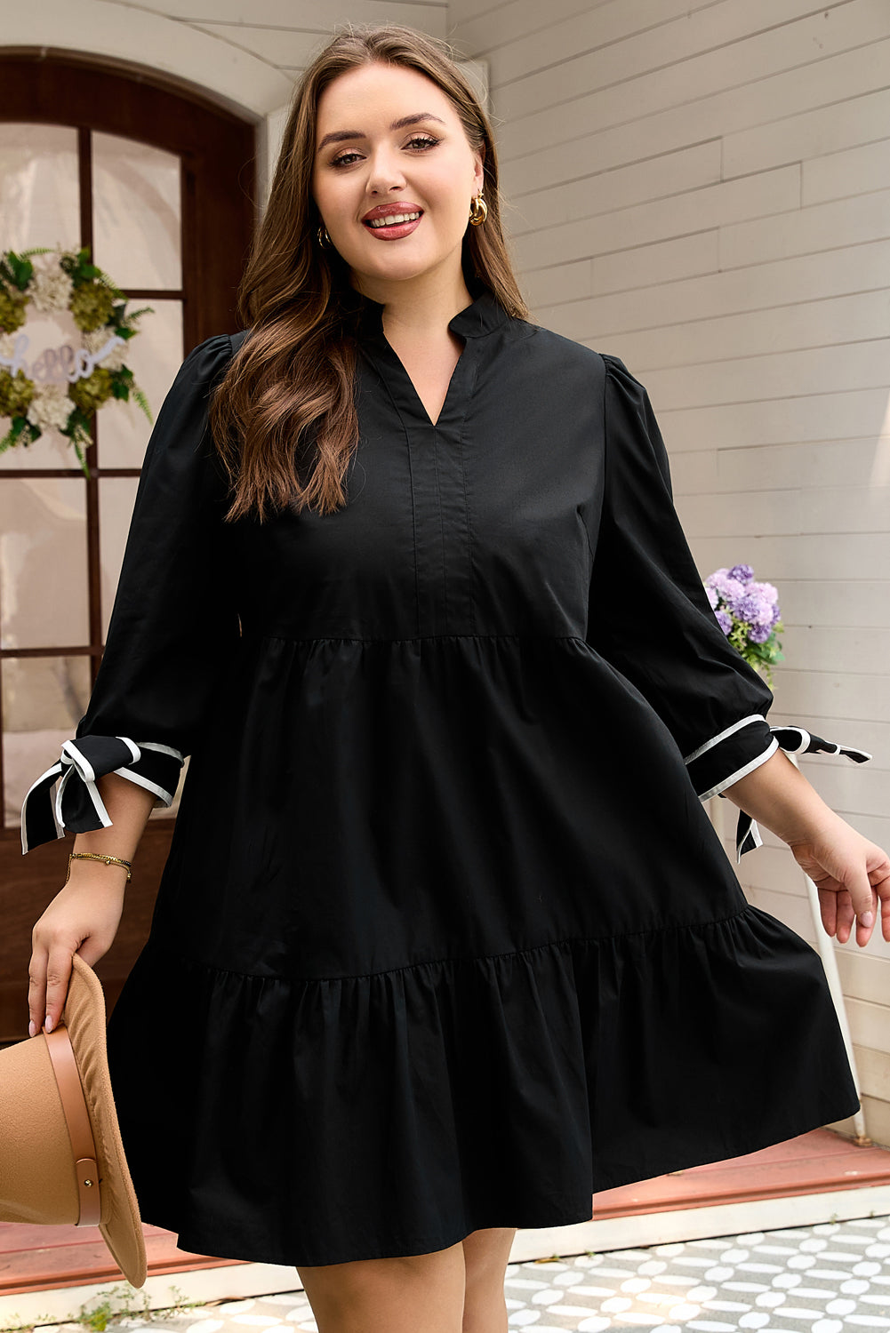 Black Contrast Trim Knot Cuffs Plus Size V Neck Mini Dress-Plus Size/Plus Size Dresses/Plus Size Mini Dresses-[Adult]-[Female]-2022 Online Blue Zone Planet