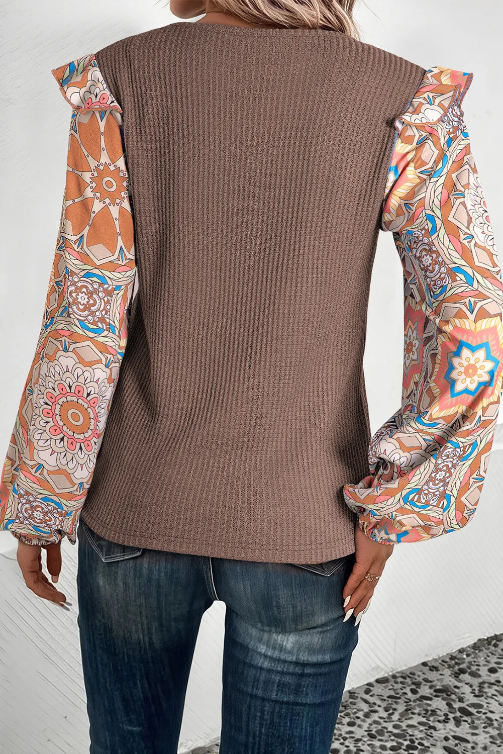 Blue Zone Planet | Ruffled Printed Round Neck Long Sleeve Top-TOPS / DRESSES-[Adult]-[Female]-2022 Online Blue Zone Planet