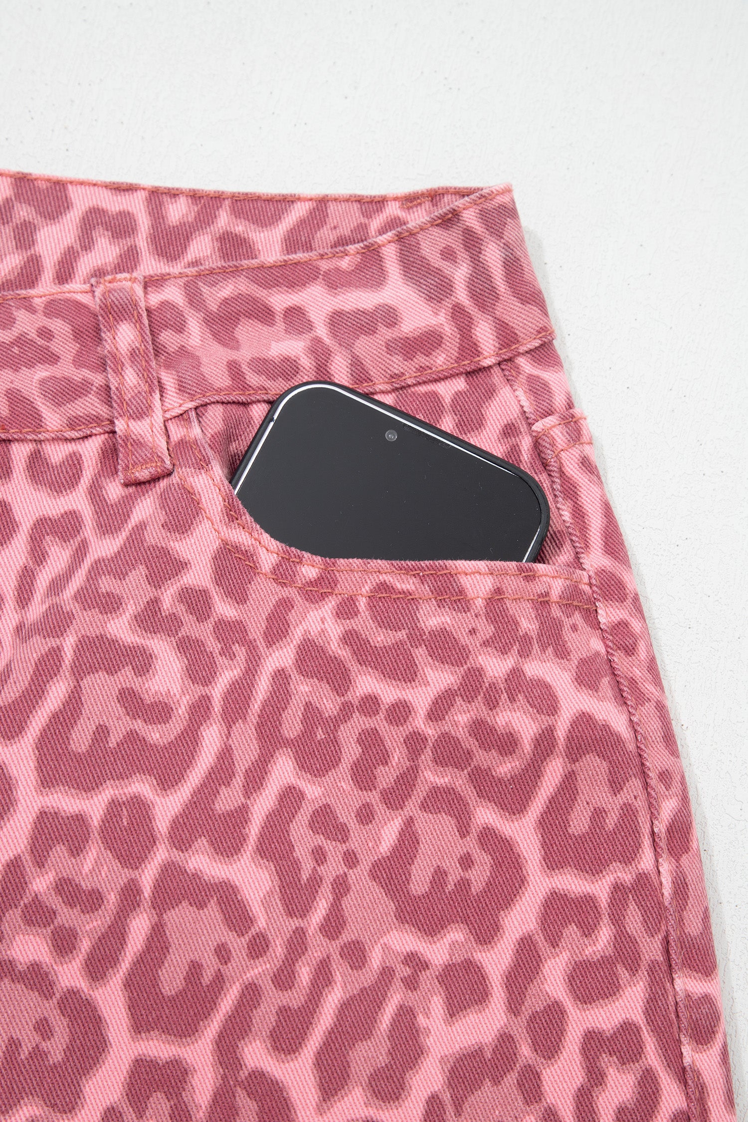 Rose Leopard Frayed Edge Wide Leg High Waist Jeans-Bottoms/Jeans-[Adult]-[Female]-2022 Online Blue Zone Planet