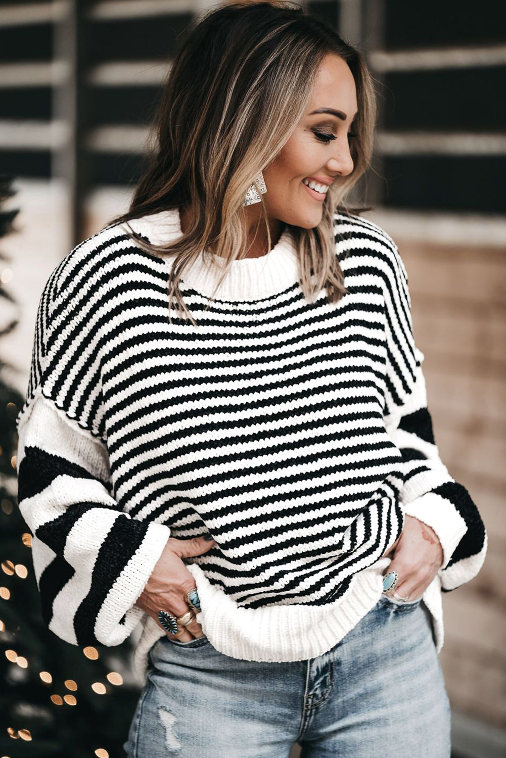 Black white Striped Drop Shoulder Bishop Sleeve Knit Sweater-Sweaters & Cardigans/Sweaters-[Adult]-[Female]-2022 Online Blue Zone Planet