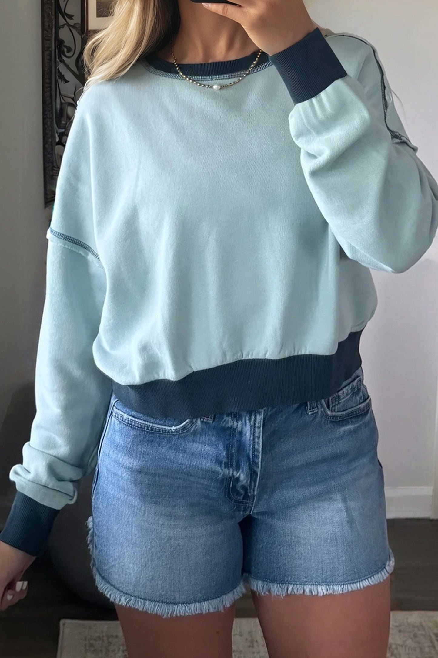 Iceland Blue Contrast Edge Colorblock Patchwork Crop Sweatshirt-Tops/Sweatshirts & Hoodies-[Adult]-[Female]-2022 Online Blue Zone Planet