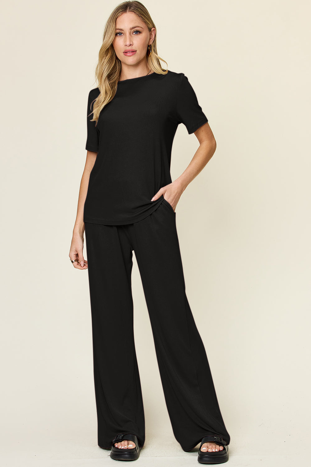 Double Take Full Size Round Neck Short Sleeve T-Shirt and Wide Leg Pants Set-TOPS / DRESSES-[Adult]-[Female]-Black-S-2022 Online Blue Zone Planet