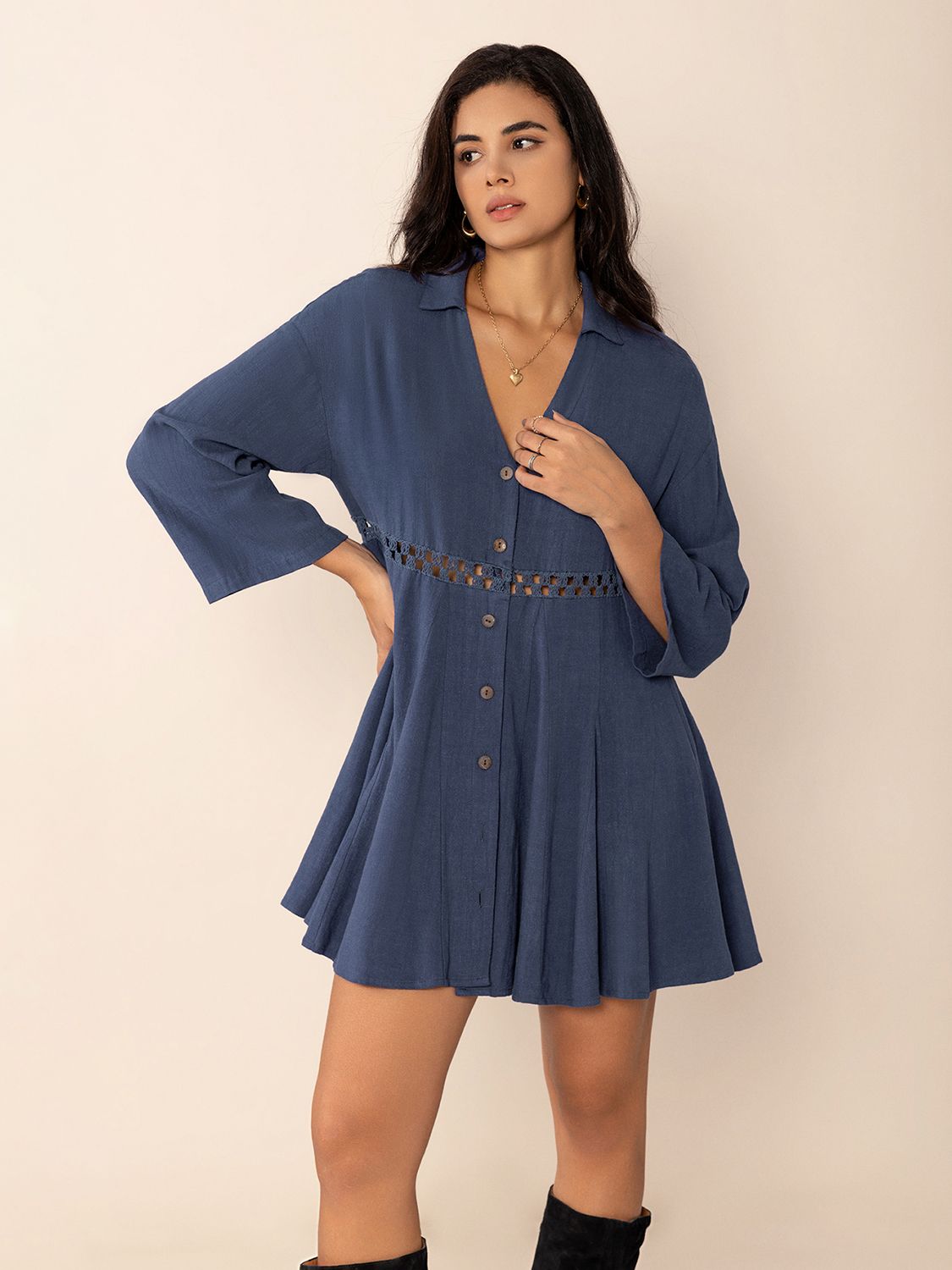 Cutout Johnny Collar Long Sleeve Mini Dress-TOPS / DRESSES-[Adult]-[Female]-2022 Online Blue Zone Planet