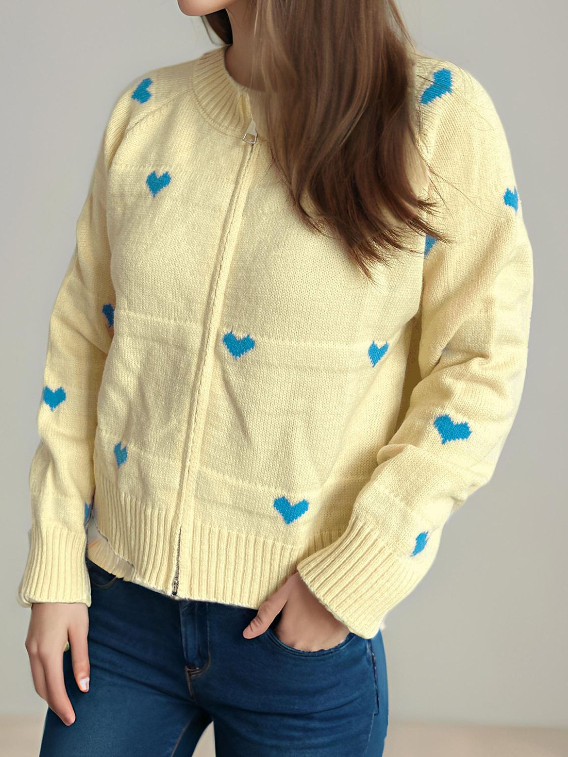 Heart Round Neck Zip Up Cardigan-NEW ARRIVALS-[Adult]-[Female]-2022 Online Blue Zone Planet