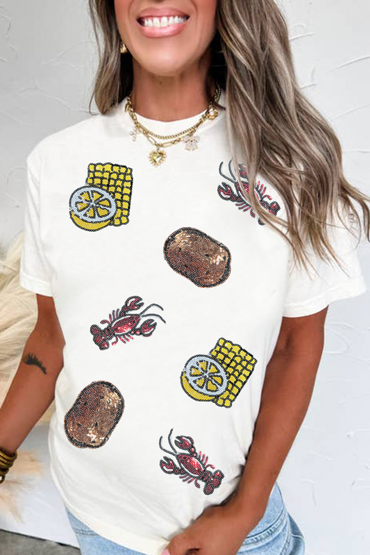 White Sequin Crawfish Potato Lemon Corn Graphic Crewneck T Shirt-Graphic/Graphic Tees-[Adult]-[Female]-White-S-2022 Online Blue Zone Planet