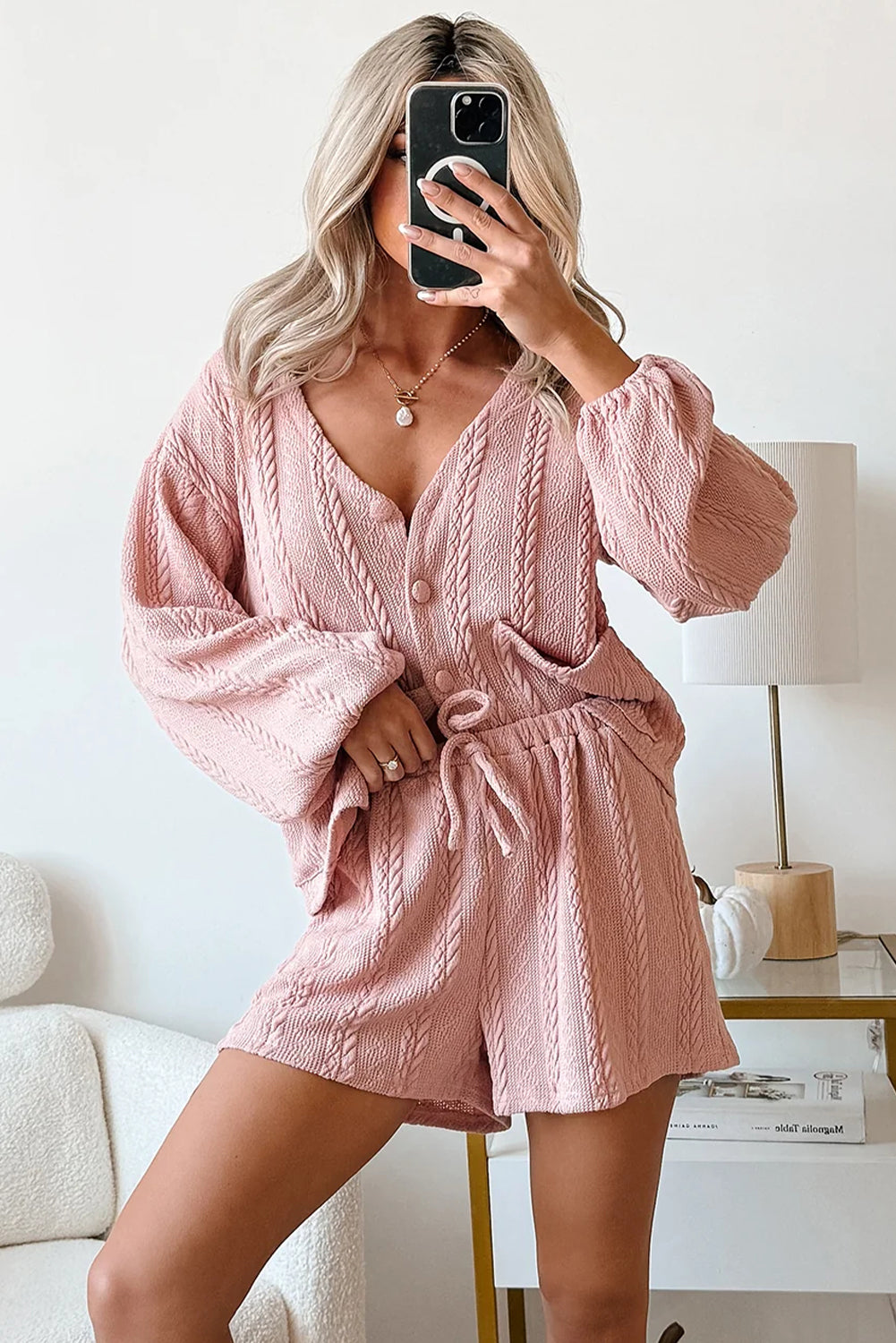 Gossamer Pink Cable Knit V Neck Cardigan Shorts Set-Two Piece Sets/Short Sets-[Adult]-[Female]-2022 Online Blue Zone Planet