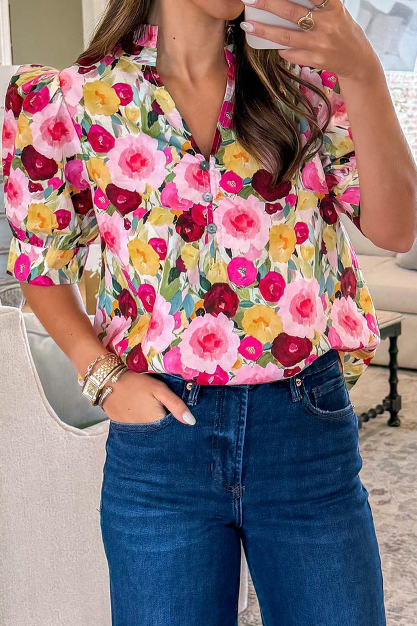 Pink Floral Frilled V Neck Puff Short Sleeve Blouse-Tops/Blouses & Shirts-[Adult]-[Female]-2022 Online Blue Zone Planet