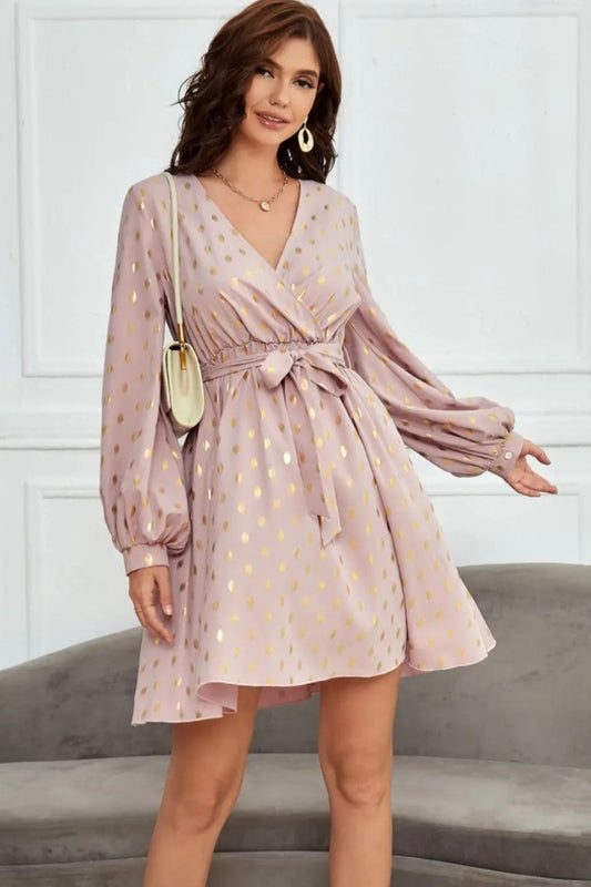 Tied Printed Surplice Long Sleeve Dress-TOPS / DRESSES-[Adult]-[Female]-Watermelon pink-S-2022 Online Blue Zone Planet