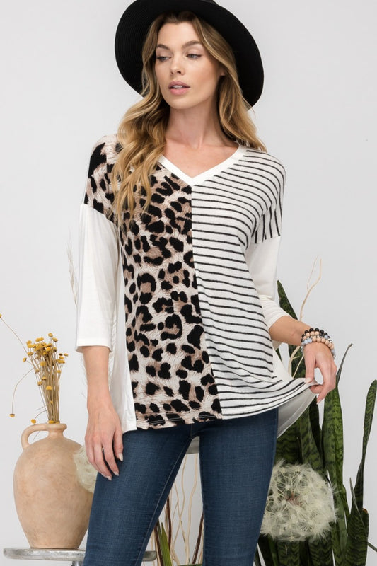 Celeste Full Size Front Leopard and Striped Print V-Neck T-Shirt-TOPS / DRESSES-[Adult]-[Female]-Ivory/Leopard-S-2022 Online Blue Zone Planet