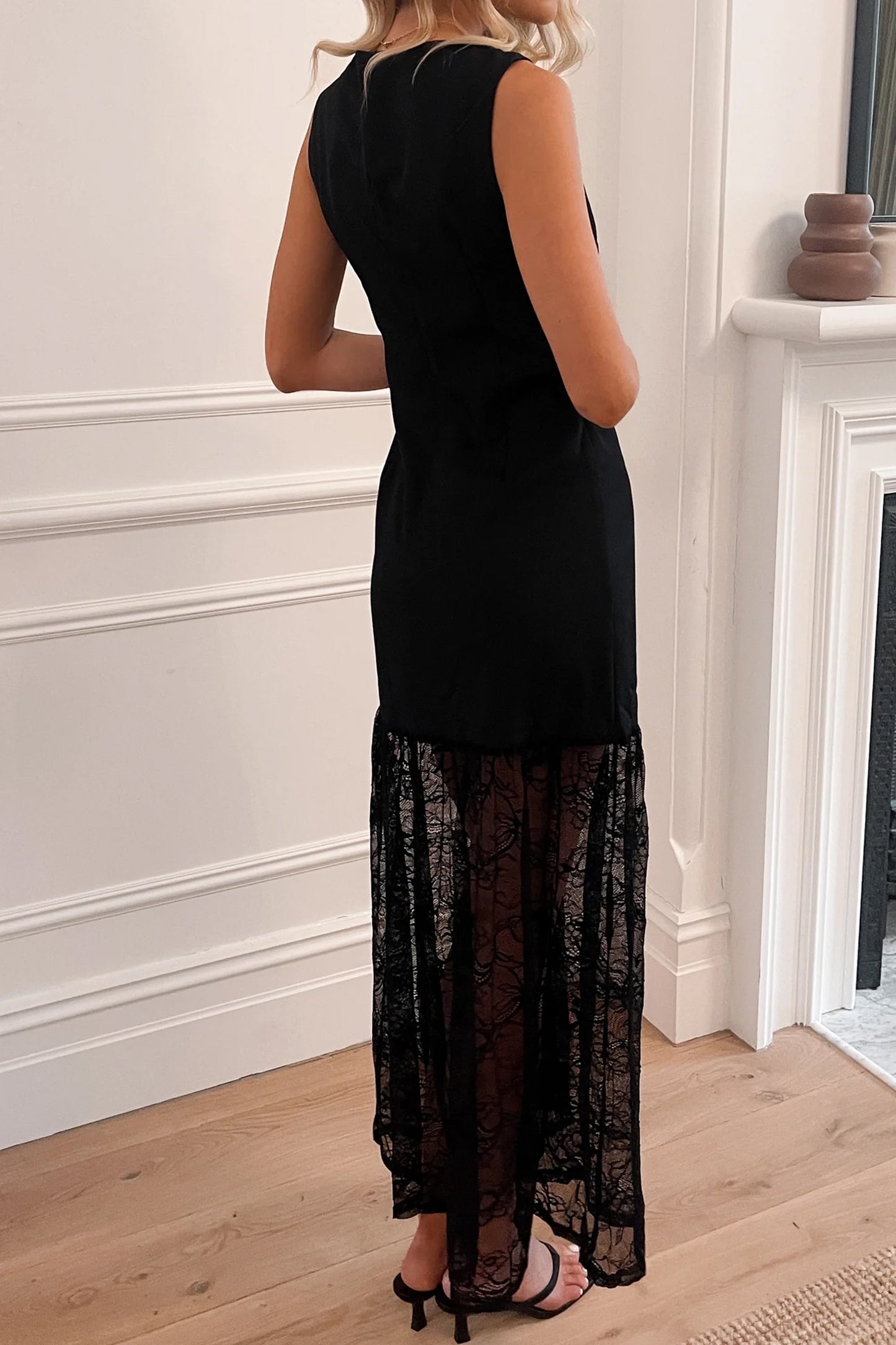 Black Solid Color Sleeveless Sheer Floral Lace Patchwork Long Dress-Dresses/Maxi Dresses-[Adult]-[Female]-2022 Online Blue Zone Planet