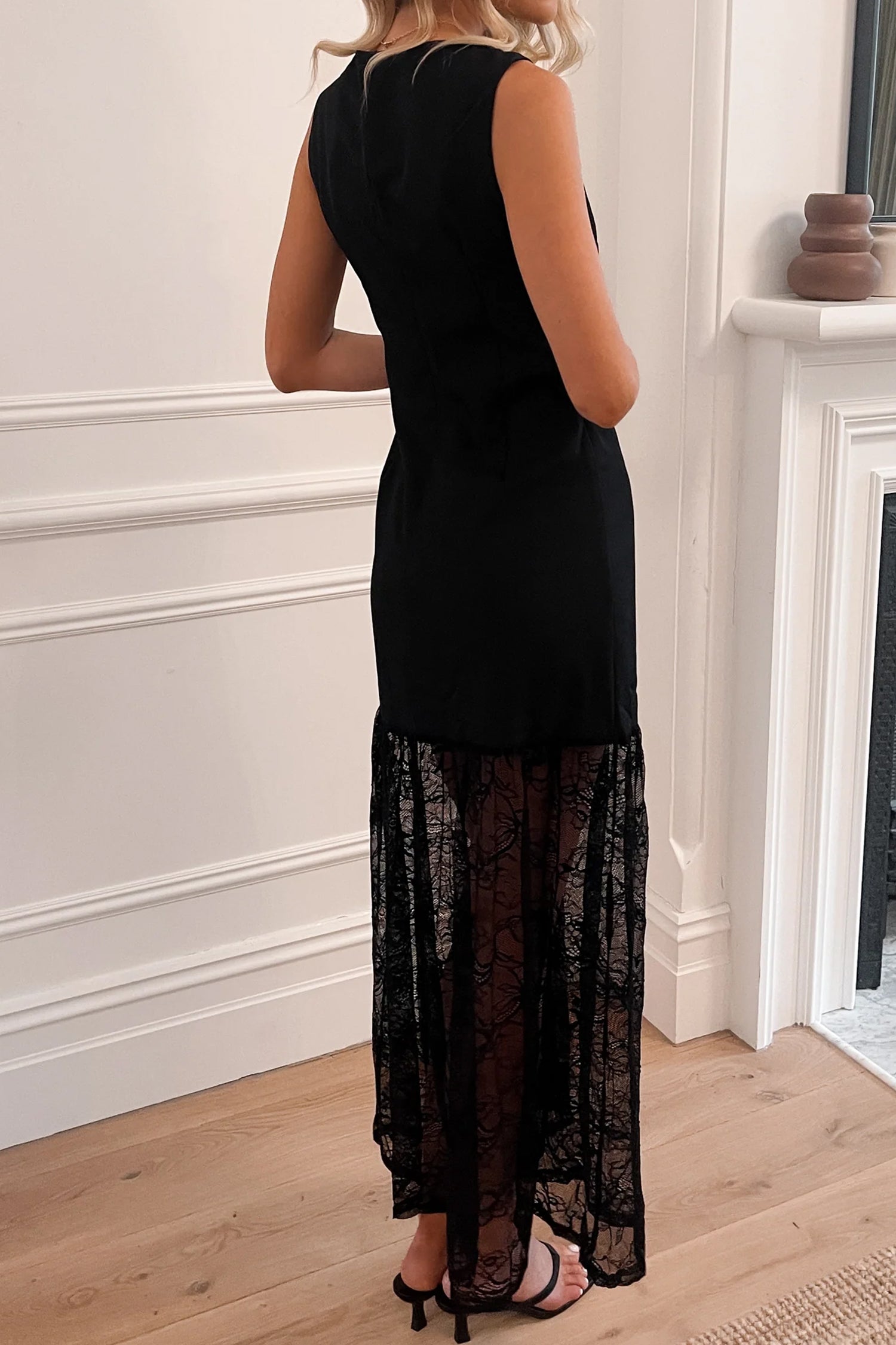 Black Solid Color Sleeveless Sheer Floral Lace Patchwork Long Dress-Dresses/Maxi Dresses-[Adult]-[Female]-2022 Online Blue Zone Planet