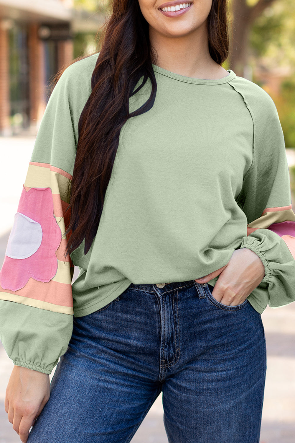 Sail Blue Flower Patchwork Raglan Sleeve Exposed Seam Oversized Top-Tops/Long Sleeve Tops-[Adult]-[Female]-Smoke Green-S-2022 Online Blue Zone Planet
