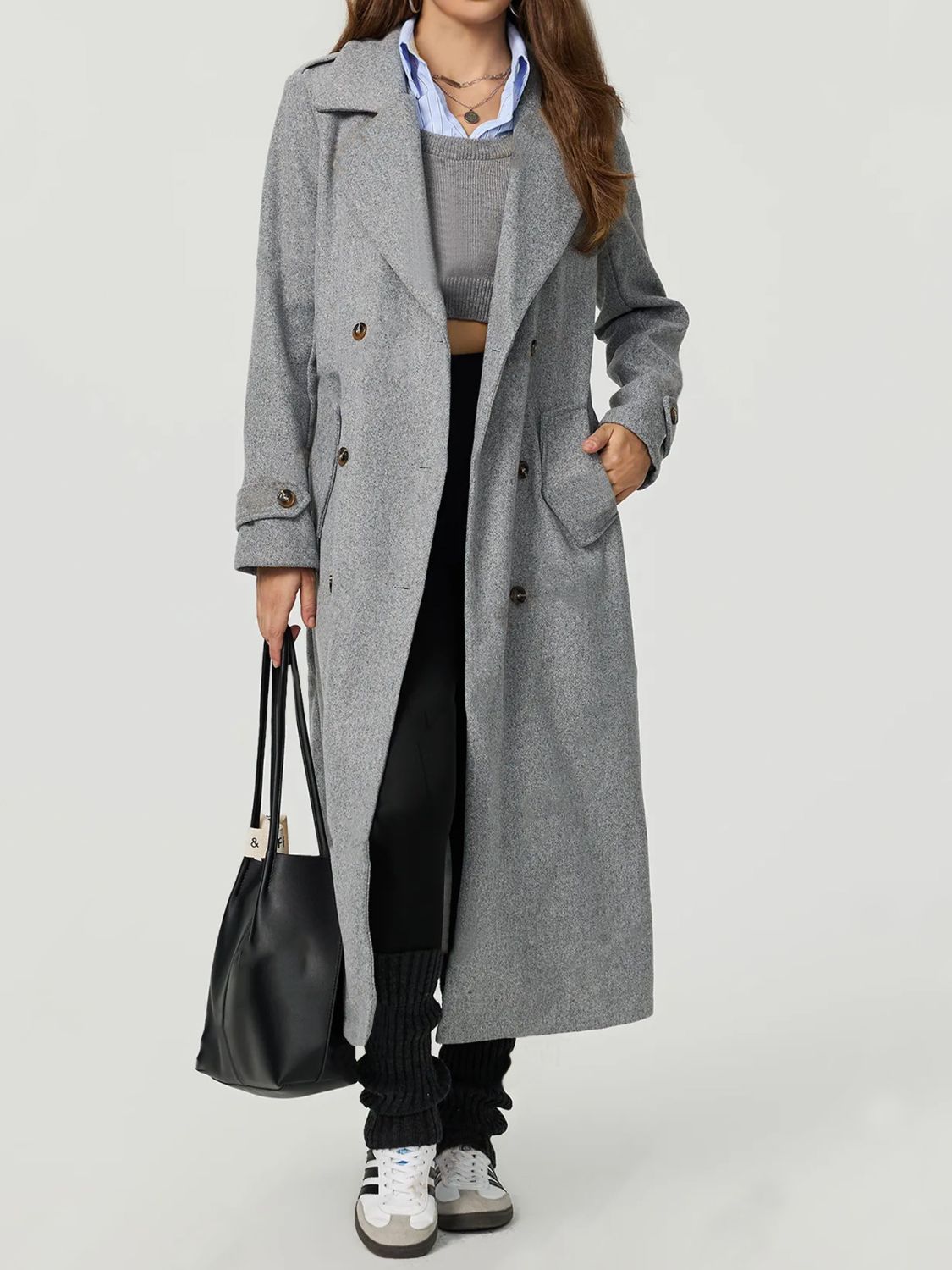 Blue Zone Planet | Collared Neck Long Sleeve Longline Coat-TOPS / DRESSES-[Adult]-[Female]-Gray-S-2022 Online Blue Zone Planet