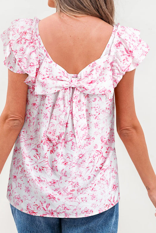 Pink Floral Ruffled Short Sleeve Bow Back Square Neck Blouse-Tops/Blouses & Shirts-[Adult]-[Female]-2022 Online Blue Zone Planet