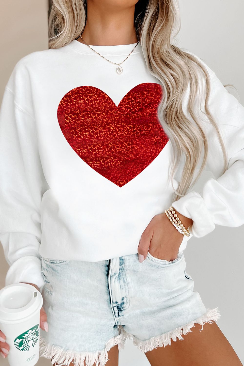 Valentine’s Day Heart Round Neck Long Sleeve Sweatshirt-TOPS / DRESSES-[Adult]-[Female]-2022 Online Blue Zone Planet