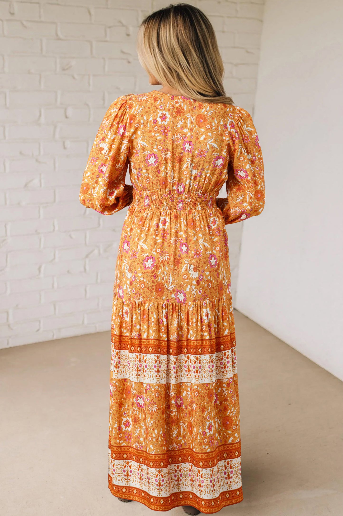 Orange Floral Print Smocked Waist Long Sleeve Boho Maxi Dress-TOPS / DRESSES-[Adult]-[Female]-2022 Online Blue Zone Planet