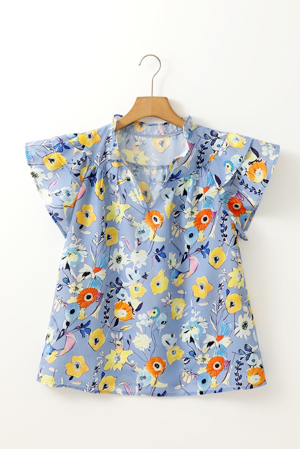 Sky Blue Flutter Sleeve V Neck Floral Top-Tops/Blouses & Shirts-[Adult]-[Female]-2022 Online Blue Zone Planet