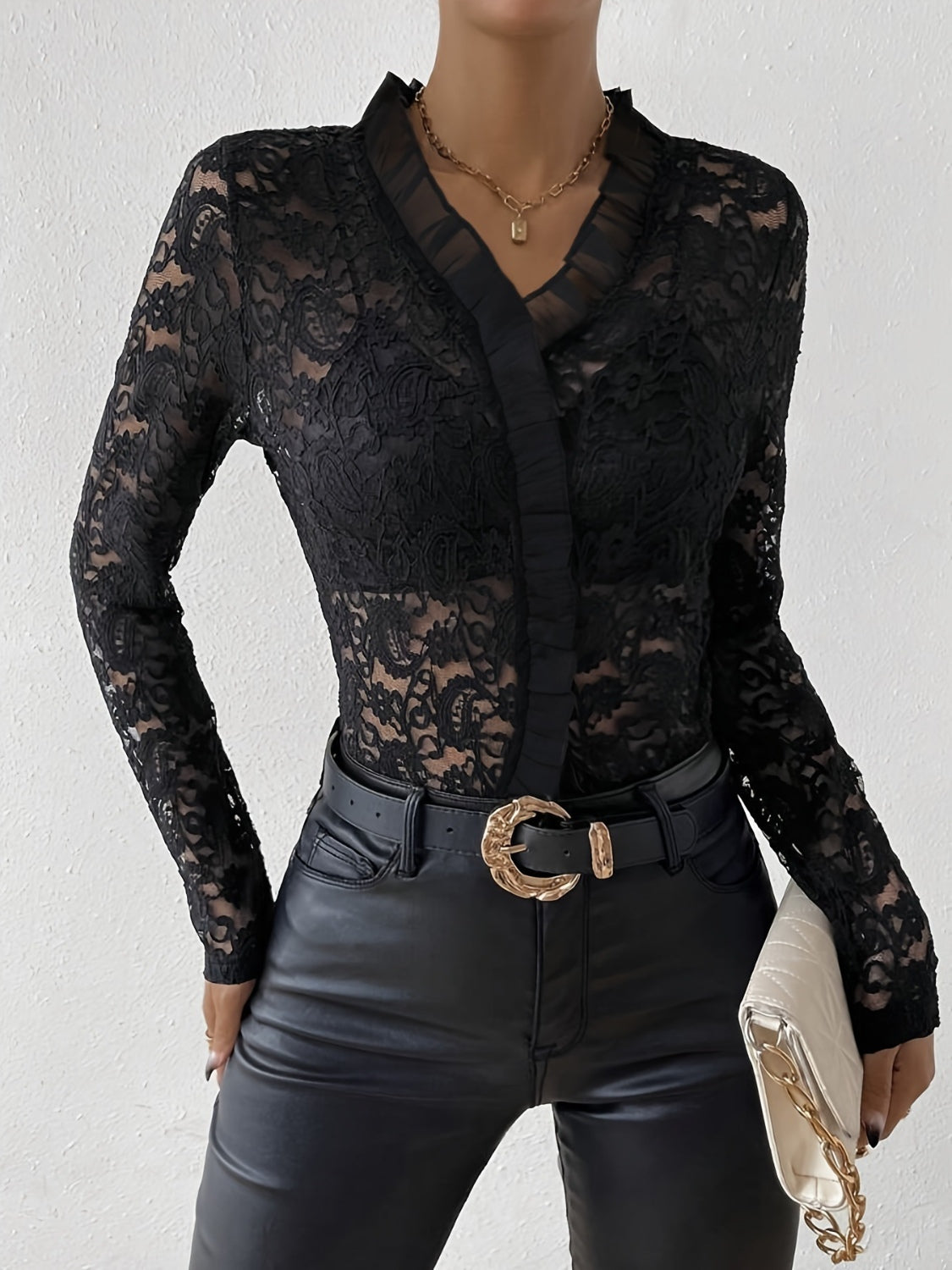 Ruffled V-Neck Long Sleeve Lace Top-TOPS / DRESSES-[Adult]-[Female]-2022 Online Blue Zone Planet