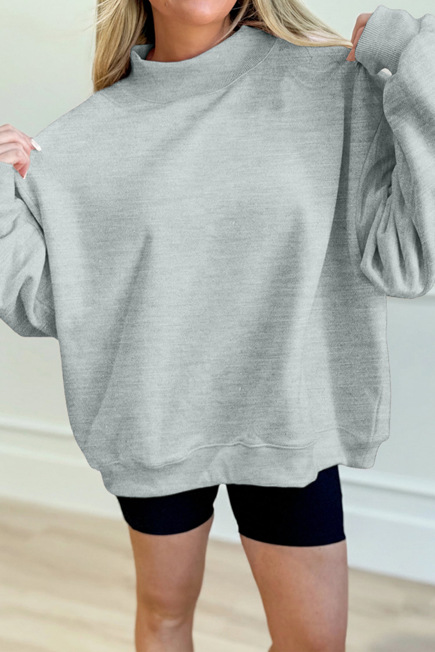 Gray Solid Color Oversized Mock Neck Sweatshirt-Tops/Sweatshirts & Hoodies-[Adult]-[Female]-2022 Online Blue Zone Planet