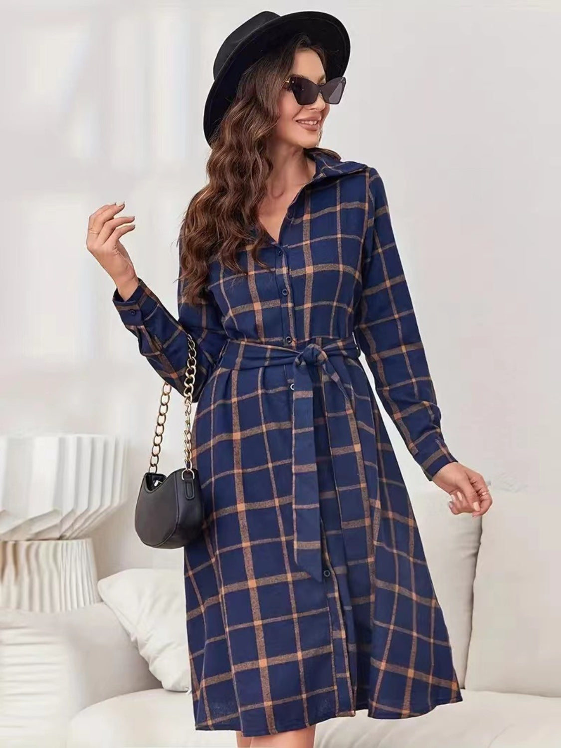 Plaid Tie Waist Long Sleeve Dress-TOPS / DRESSES-[Adult]-[Female]-2022 Online Blue Zone Planet