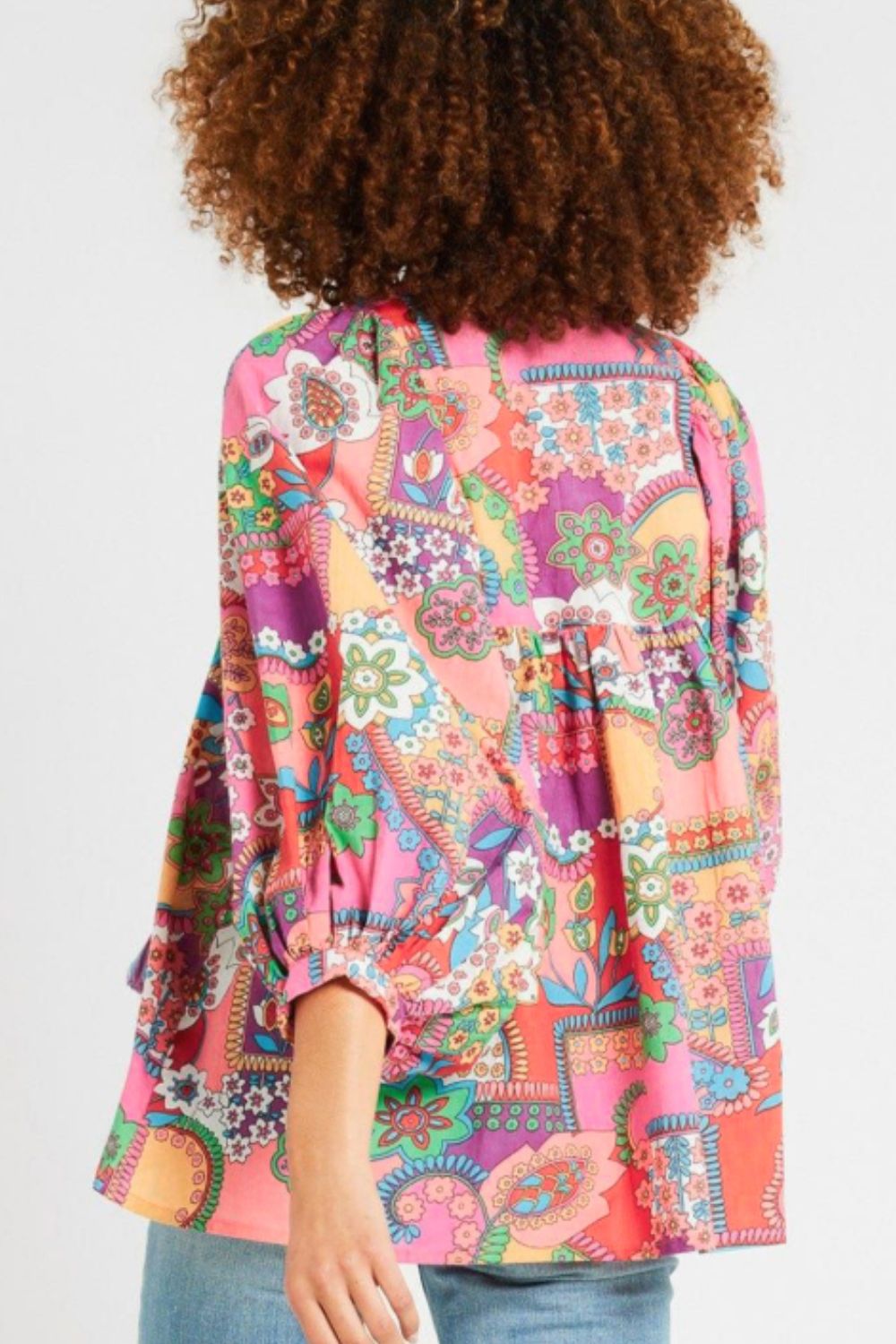 Printed Tie Neck Three-Quarter Sleeve Blouse-TOPS / DRESSES-[Adult]-[Female]-2022 Online Blue Zone Planet