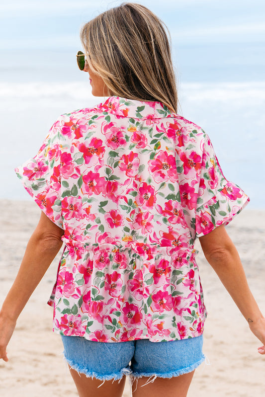 Pink Floral Boxy Fit Ruffled Short Sleeve V Neck Blouse-Tops/Blouses & Shirts-[Adult]-[Female]-2022 Online Blue Zone Planet