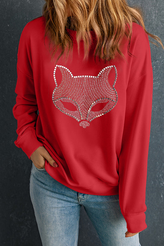 Red Rhinestone Fox Drop Shoulder Pullover Sweatshirt-Graphic/Graphic Sweatshirts-[Adult]-[Female]-Red-S-2022 Online Blue Zone Planet