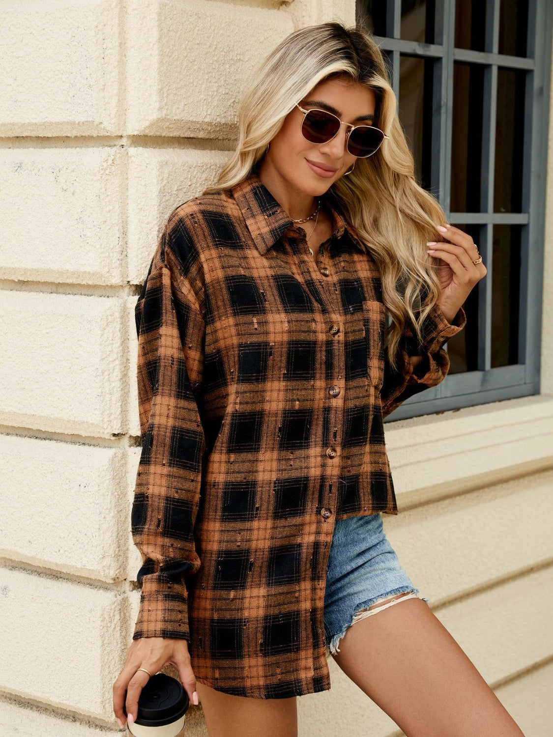 Plaid Button Up Long Sleeve Shirt-TOPS / DRESSES-[Adult]-[Female]-2022 Online Blue Zone Planet