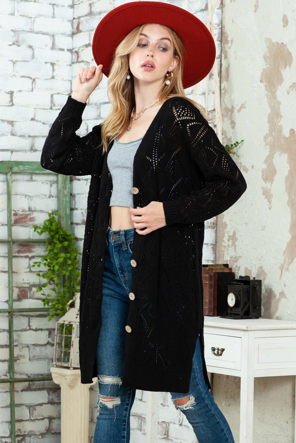 Black Button Up Hollow Out Loose Long Cardigan-Cardigans-[Adult]-[Female]-2022 Online Blue Zone Planet