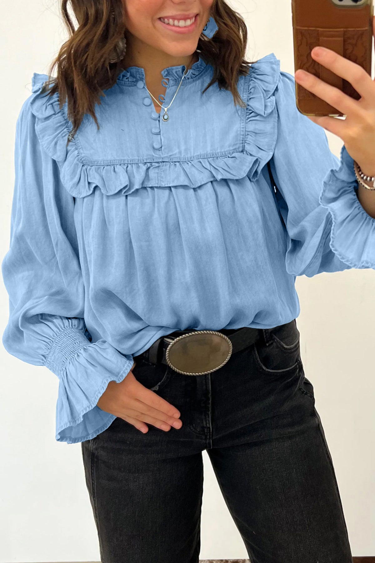 Beau Blue Western Ruffle V Neck Long Sleeve Chambray Blouse-Tops/Blouses & Shirts-[Adult]-[Female]-2022 Online Blue Zone Planet