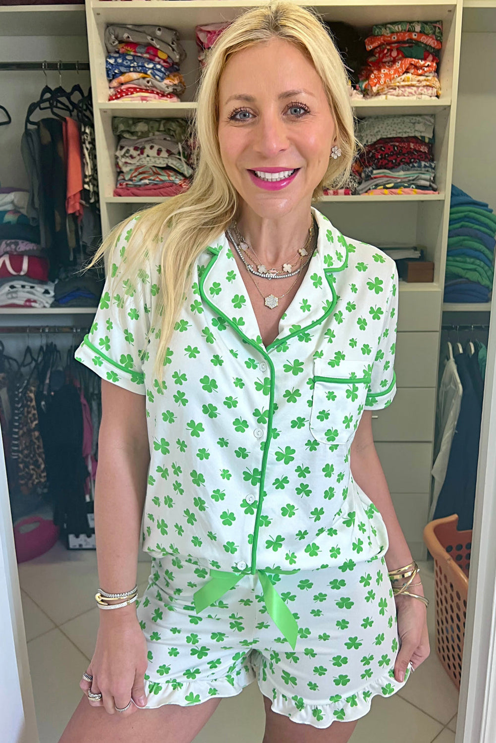 Green St Patricks Day Clover Print Shirt and Ruffle Hem Shorts Pajama Set-Loungewear Set-[Adult]-[Female]-2022 Online Blue Zone Planet