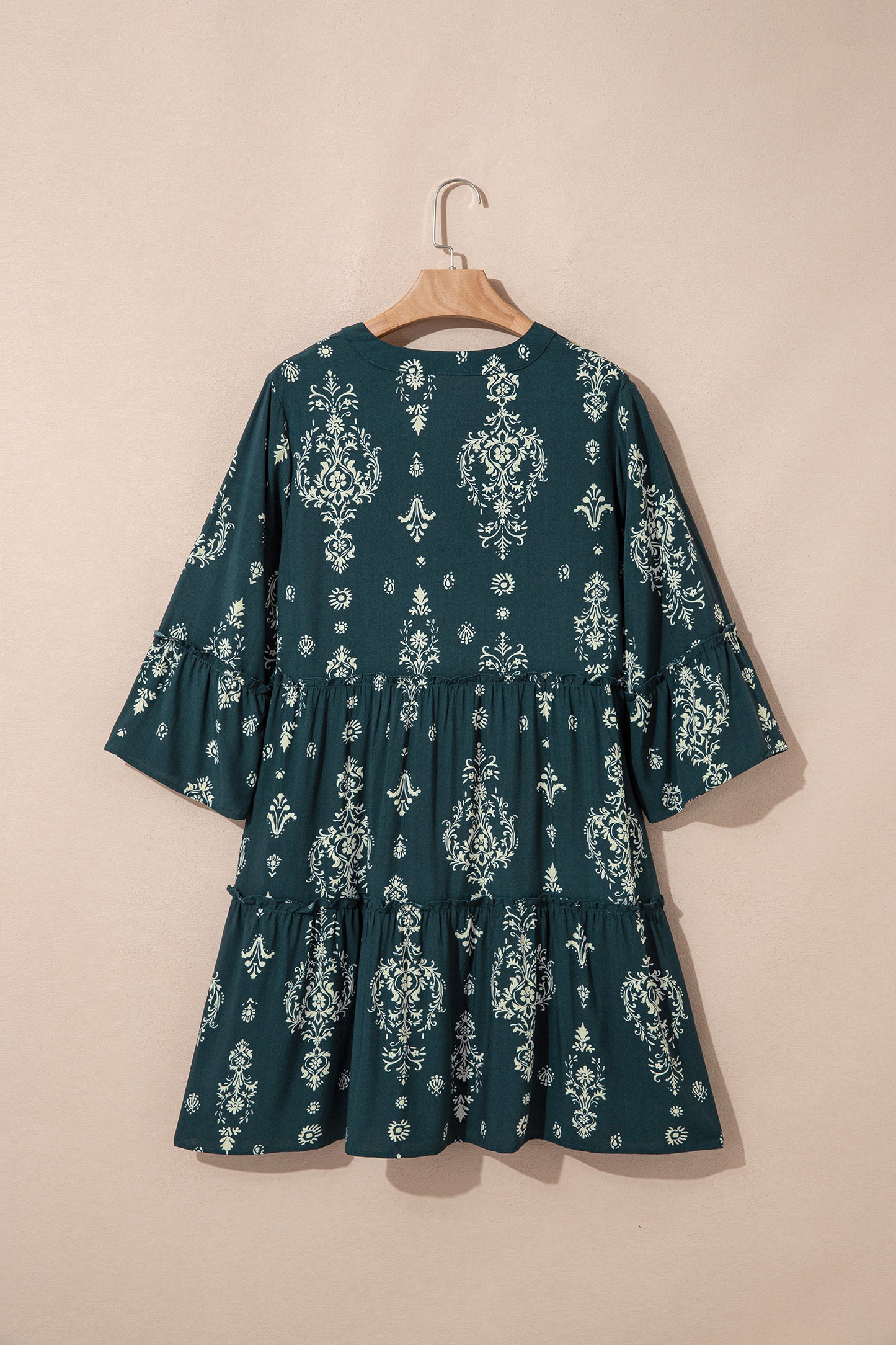 Blue Boho Floral Print Lettuce Trim 3/4 Sleeve Mini Dress-TOPS / DRESSES-[Adult]-[Female]-2022 Online Blue Zone Planet