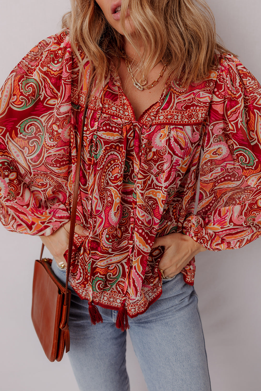 Multicolour Ethnic Paisley Print Tassel Tie Puff Sleeve Boho Blouse-Tops/Blouses & Shirts-[Adult]-[Female]-2022 Online Blue Zone Planet
