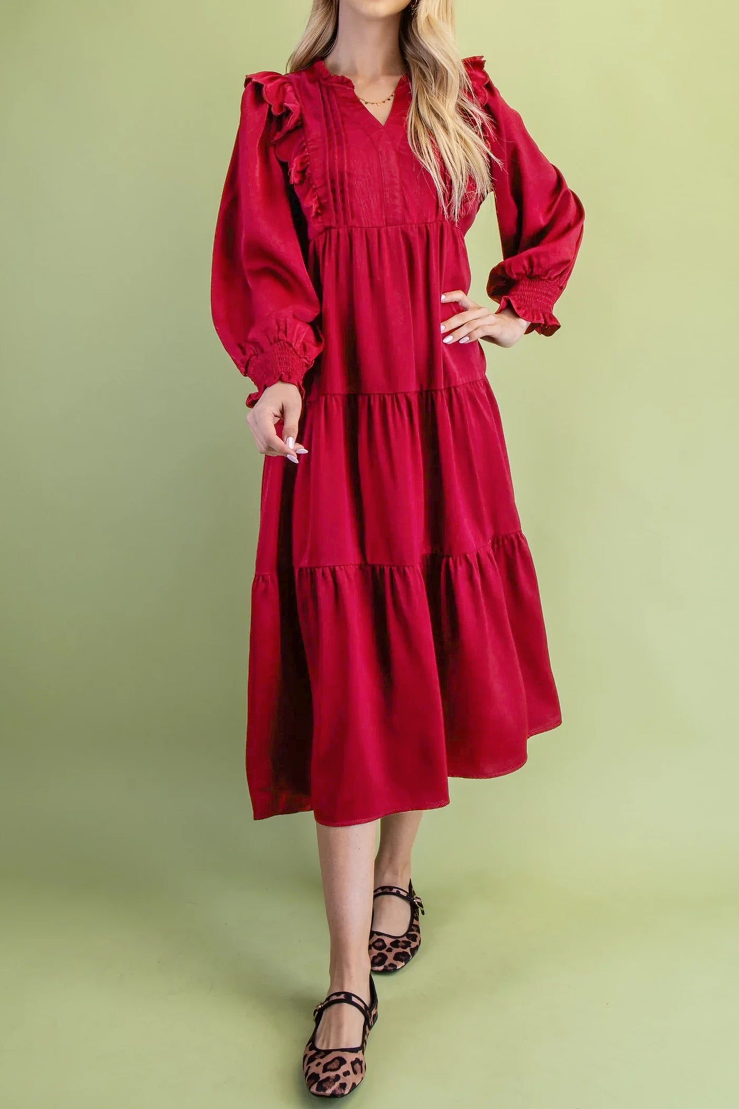 Racing Red Solid Color Ruffle Trim Long Sleeve Tiered Shift Midi Dress-Dresses/Midi Dresses-[Adult]-[Female]-2022 Online Blue Zone Planet