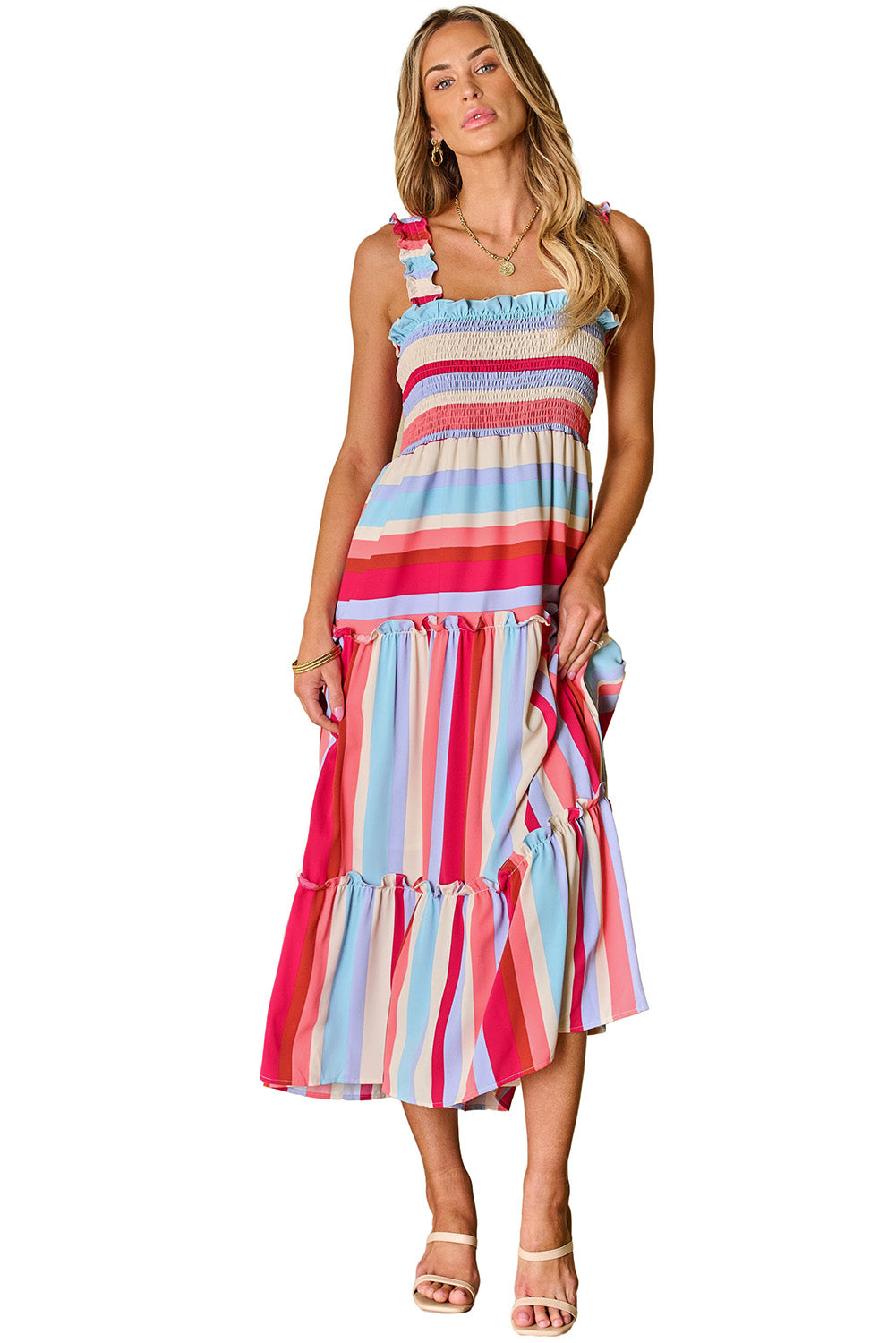 Red Stripe Ruffled Straps Smocked Tiered Long Dress-TOPS / DRESSES-[Adult]-[Female]-2022 Online Blue Zone Planet