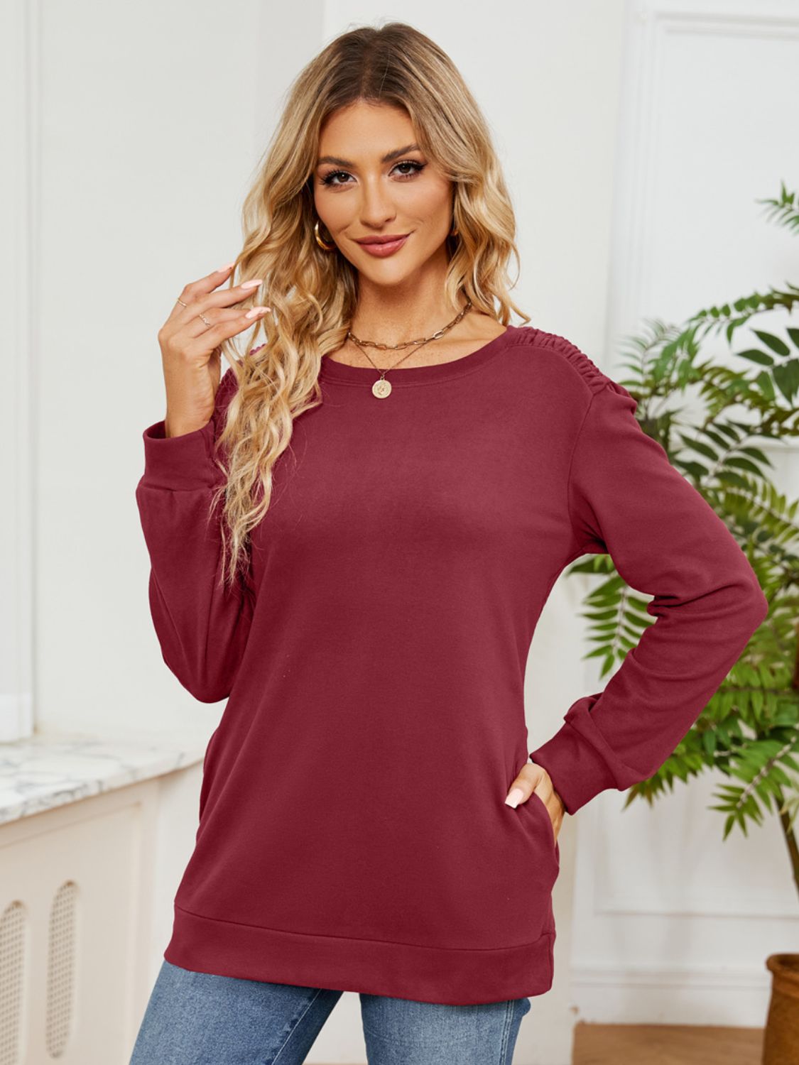 Ruched Shoulder Round Neck Long Sleeve Sweatshirt-TOPS / DRESSES-[Adult]-[Female]-2022 Online Blue Zone Planet