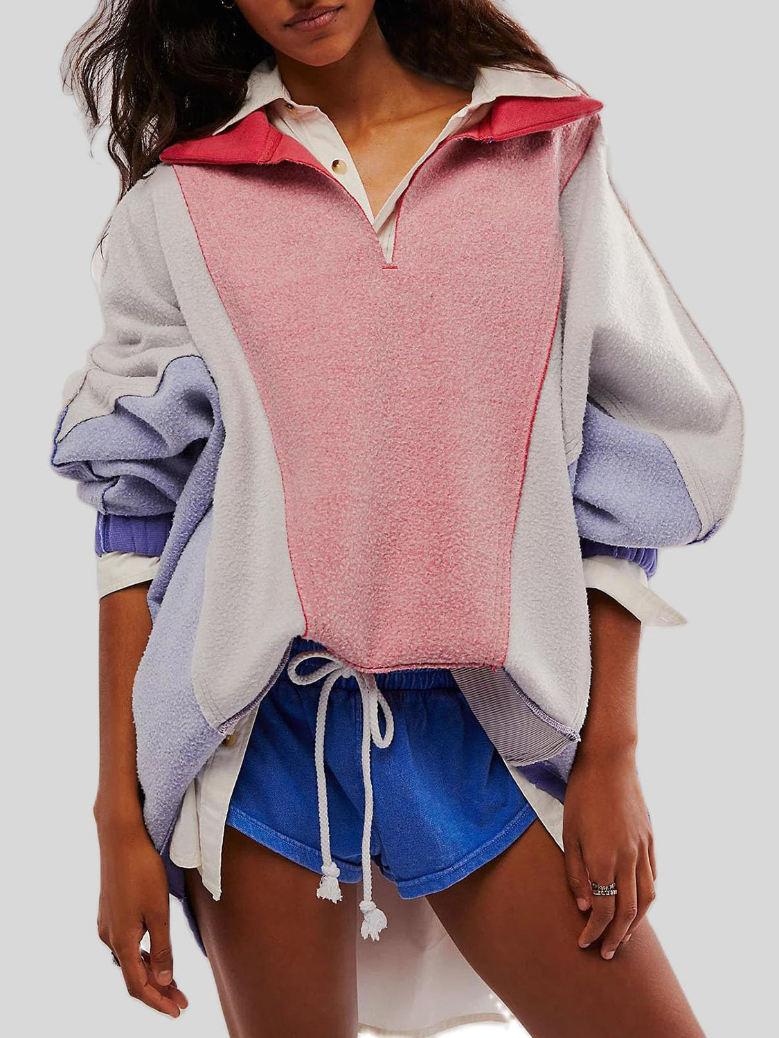 High-Low Exposed Seam Contrast Long Sleeve Sweatshirt-TOPS / DRESSES-[Adult]-[Female]-Pink/White/Blue-S-2022 Online Blue Zone Planet