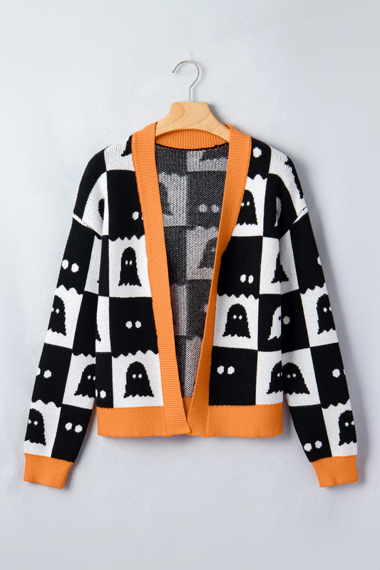 Black Geometric Ghost Print Drop Shoulder Knit Cardigan-Sweaters & Cardigans/Cardigans-[Adult]-[Female]-2022 Online Blue Zone Planet