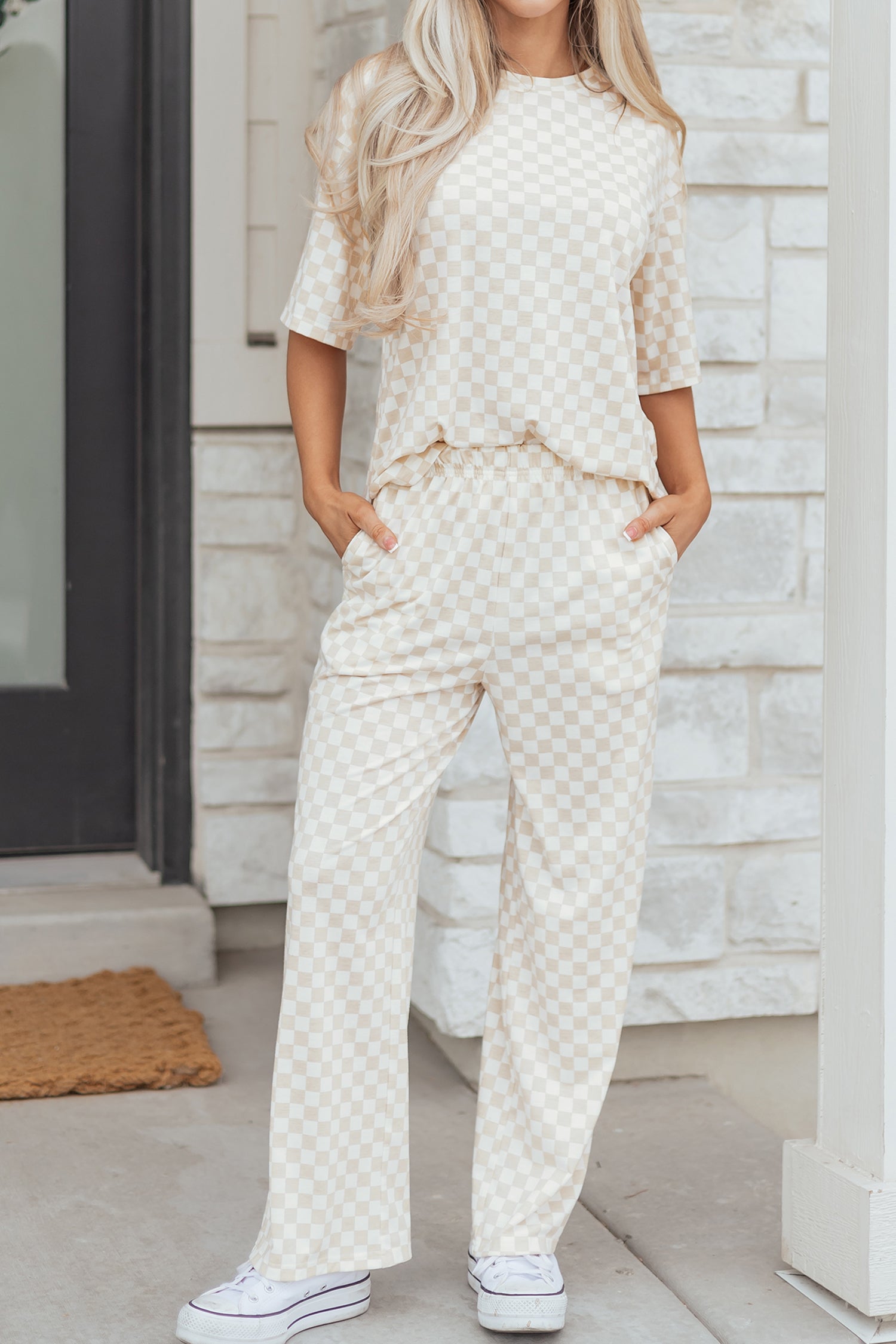 Khaki Checkered Print Half Sleeve Tee 2pcs Lounge Pant Set-Loungewear & Sleepwear/Loungewear-[Adult]-[Female]-2022 Online Blue Zone Planet