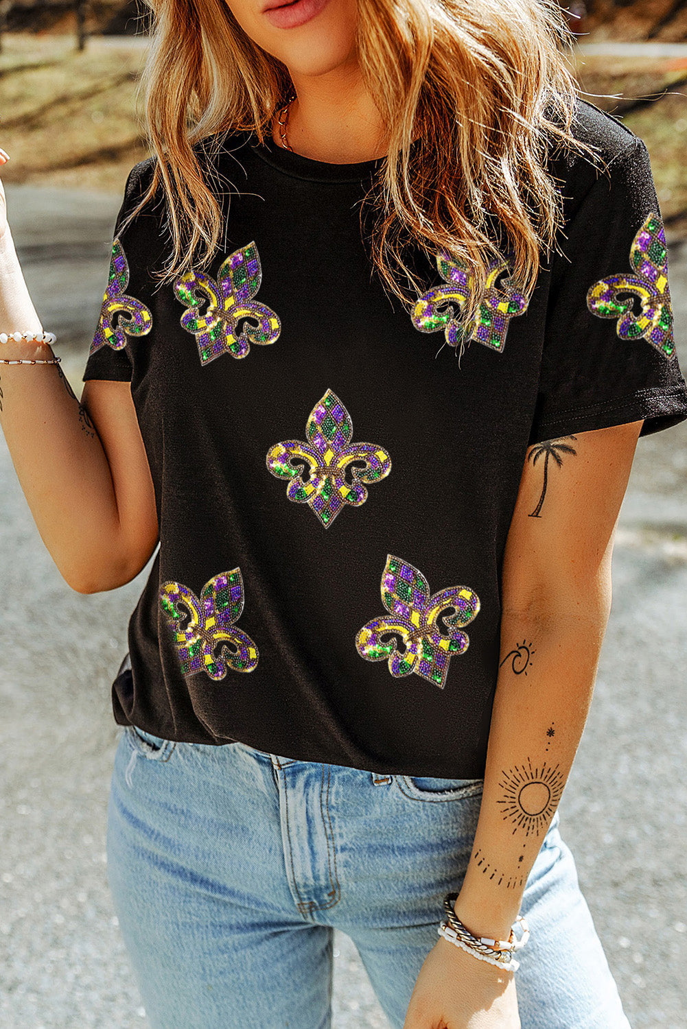 Black Maid Gras Sequin Fleur De Lis Graphic T Shirt