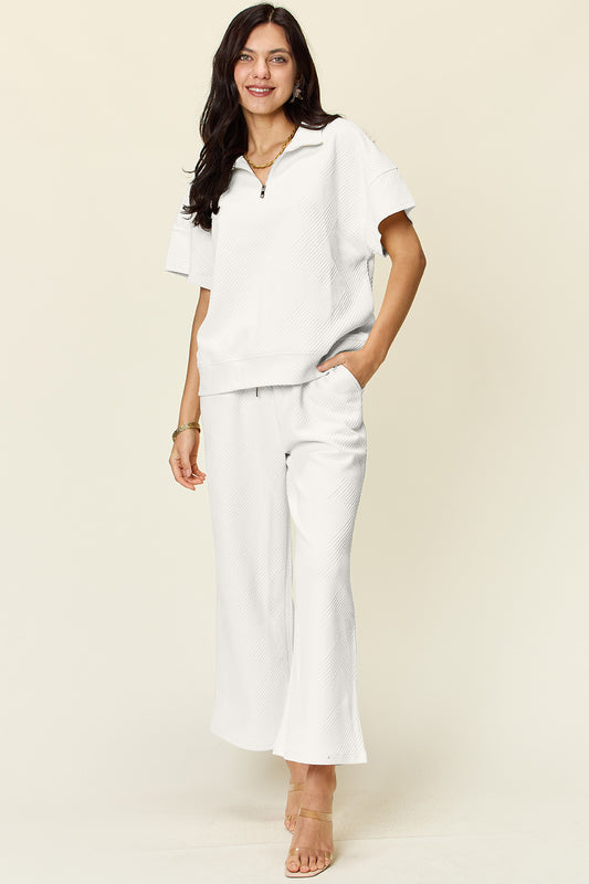 Double Take Full Size Texture Half Zip Short Sleeve Top and Pants Set-TOPS / DRESSES-[Adult]-[Female]-White-S-2022 Online Blue Zone Planet