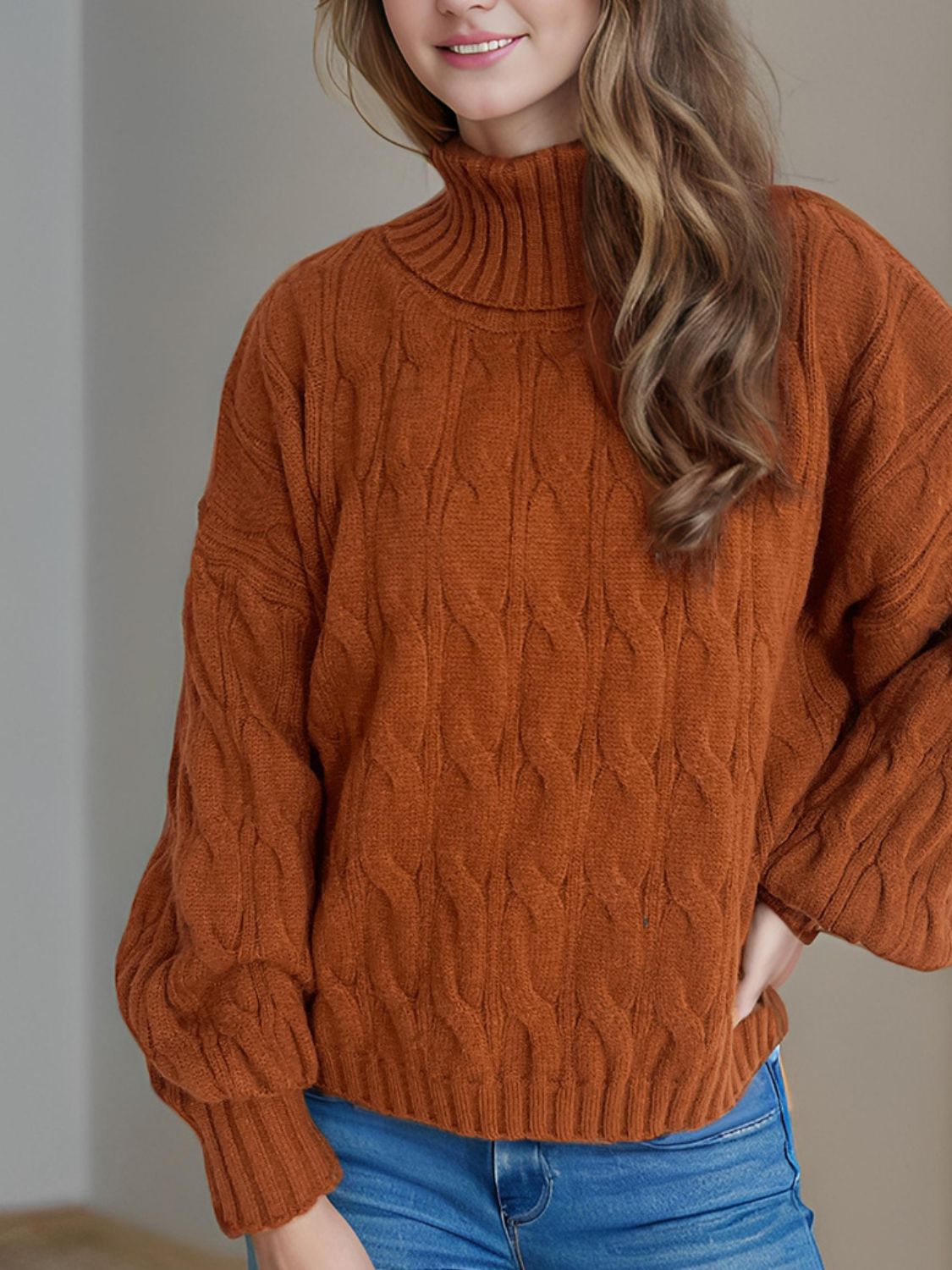 Cable-Knit Turtleneck Long Sleeve Sweater-TOPS / DRESSES-[Adult]-[Female]-2022 Online Blue Zone Planet