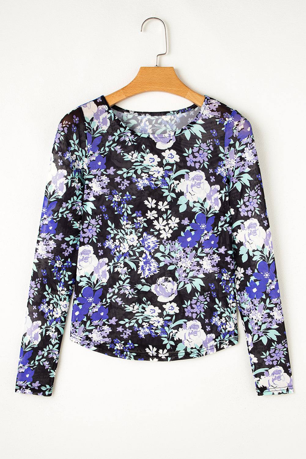 Blue Zone Planet | Black Floral Print Mesh Fitted Long Sleeve Top-Tops/Long Sleeve Tops-[Adult]-[Female]-2022 Online Blue Zone Planet