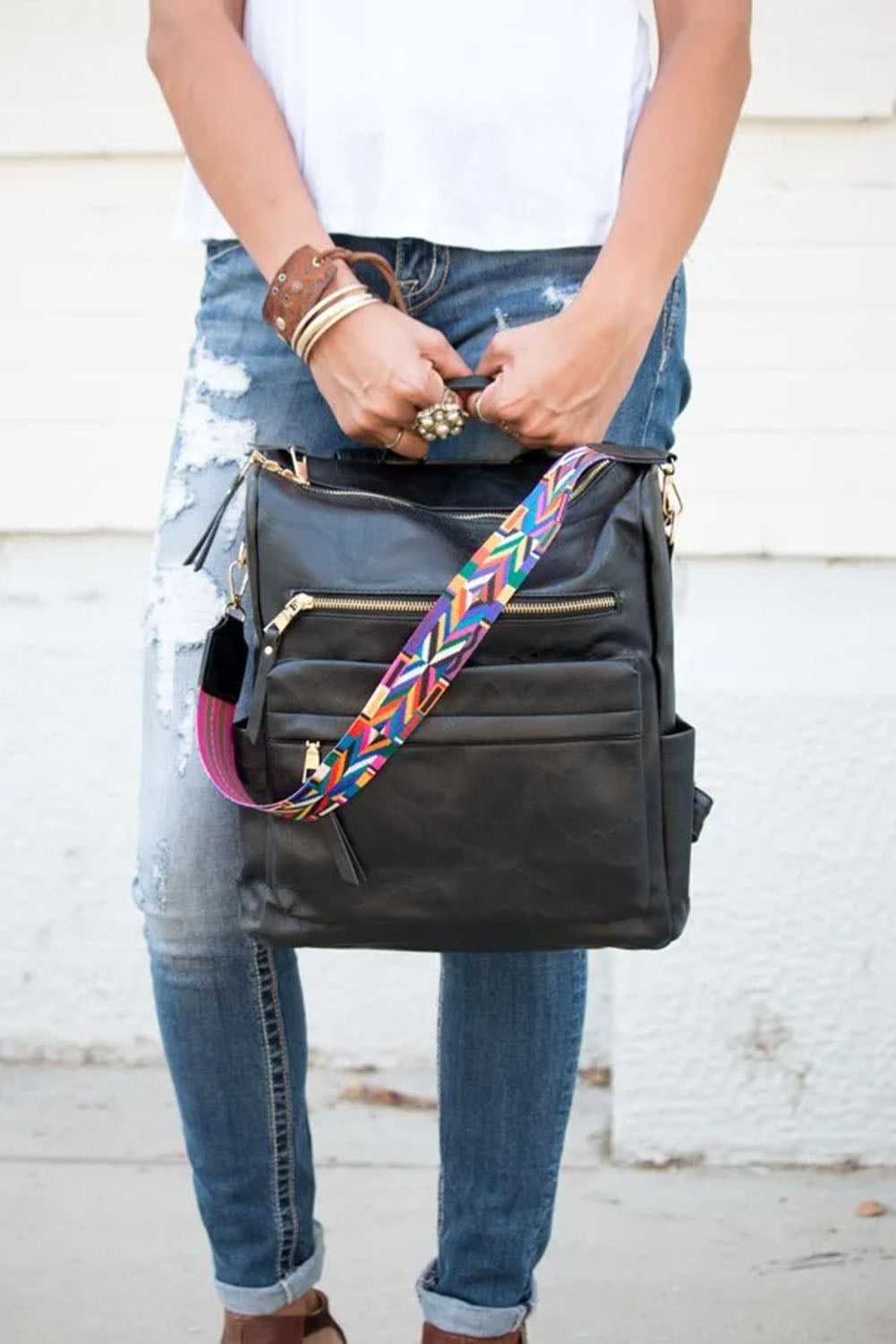 Chestnut Geometric Crochet Strap PU Leather Large Backpack-Backpacks-[Adult]-[Female]-Color black-ONE SIZE-2022 Online Blue Zone Planet